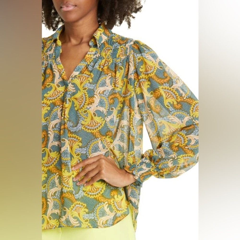 Cinq À Sept Alby Smocked Printed Popover Blouse In Eucalyptus